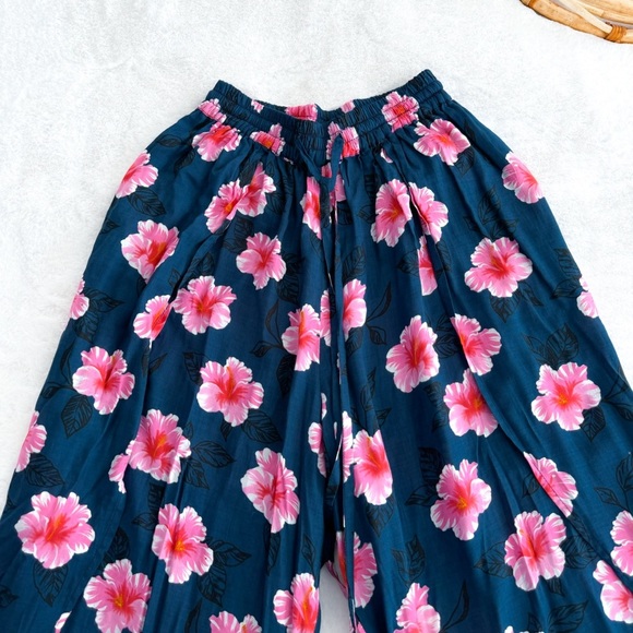 Tiare Hawaii Shorline Pants Wide Leg Tassel Navy Blue Pink Floral Crop - Picture 8 of 13